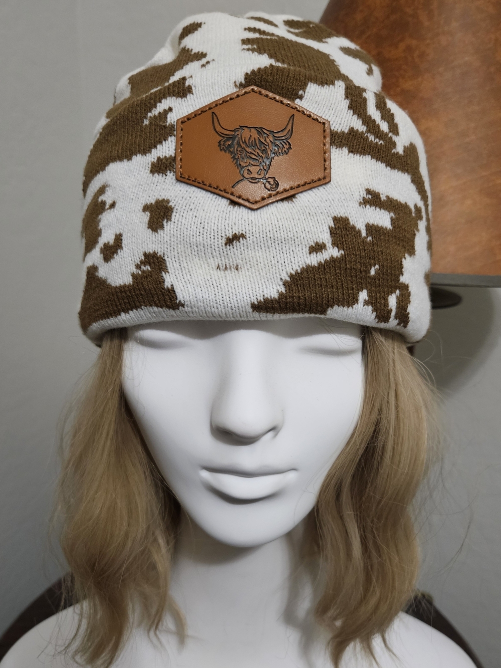 Brown and White Knit Beanie with Leather Highland Cow Patch